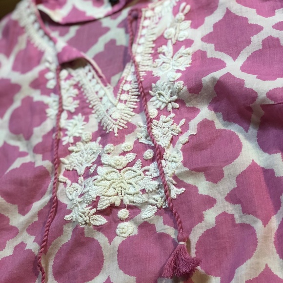 Talbots Beaded Pink White Tie Neck Tunic Blouse - Picture 5 of 10